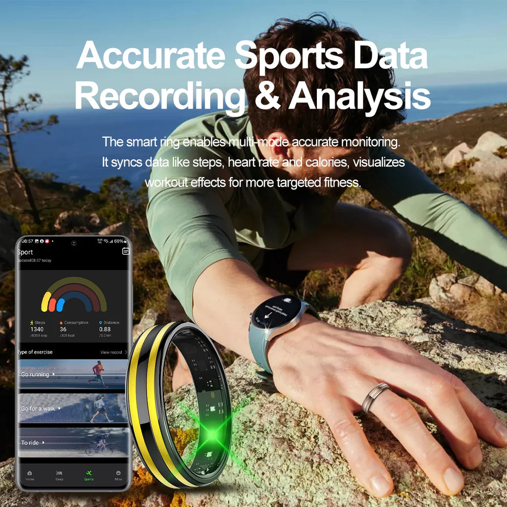 A black and yellow smart fitness ring displayed with a mobile app showing health tracking data for sports and exercise.