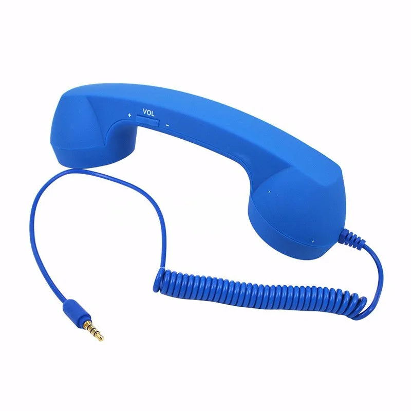 Retro-style bright blue phone handset with a coiled cable and volume control, featuring a 3.5mm jack connector.