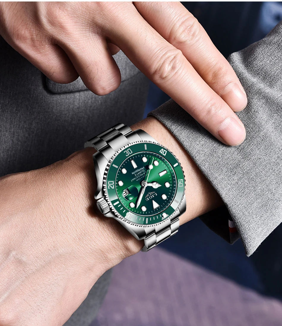 Men's stainless steel quartz watch featuring a green sunray dial, rotating bezel, and a link bracelet.