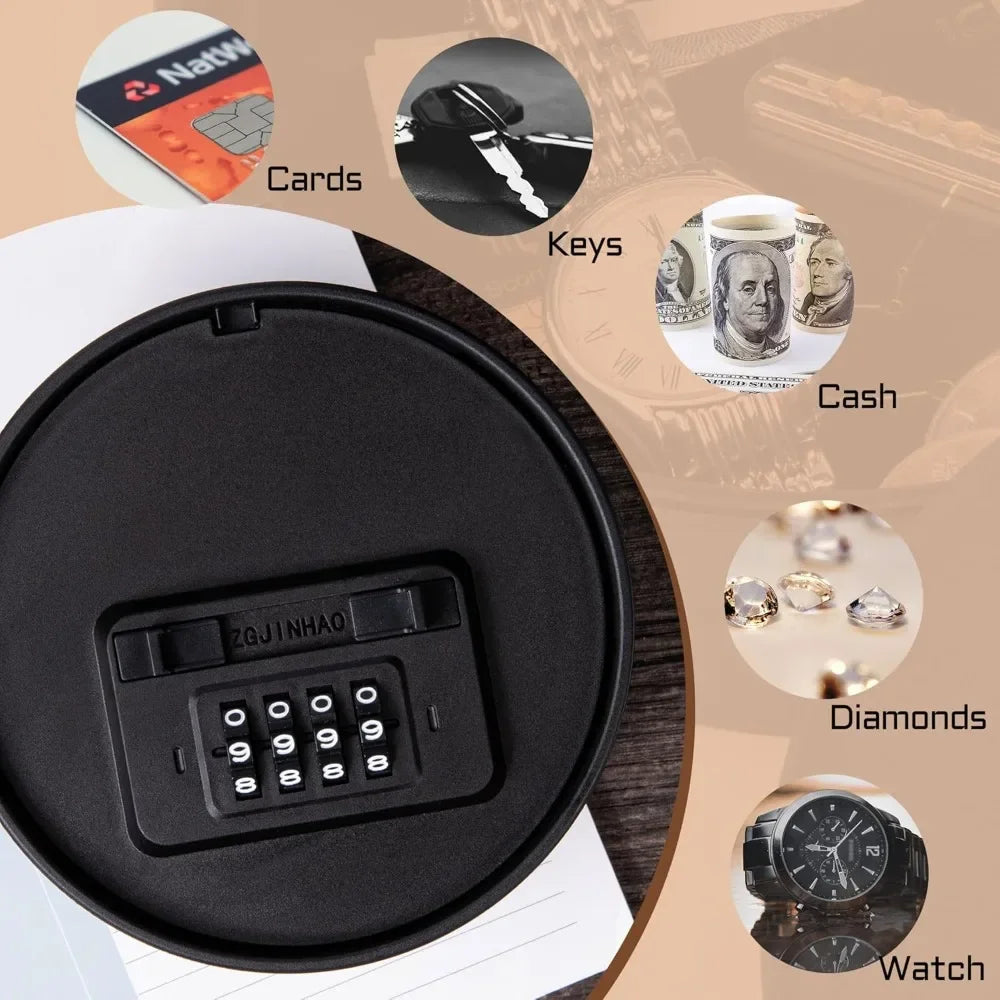 Black circular plastic combination lock storage container with keypad, shown storing cash, cards, keys, and jewelry.