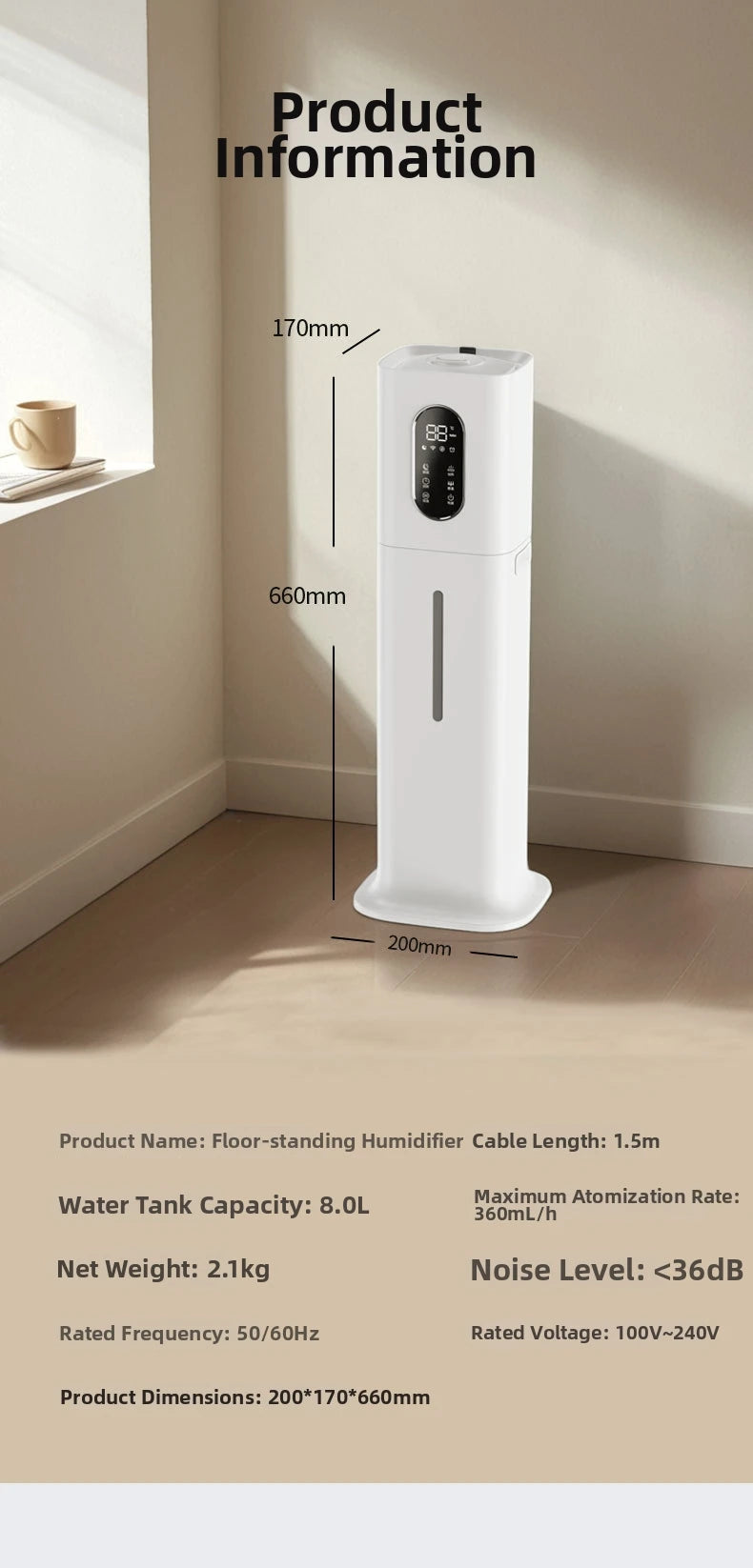 Tall, white floor-standing ultrasonic humidifier with a digital display, water level window, and 8L capacity.