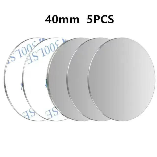 Five 40mm circular metallic discs with adhesive backing, displayed in a row against a white background.
