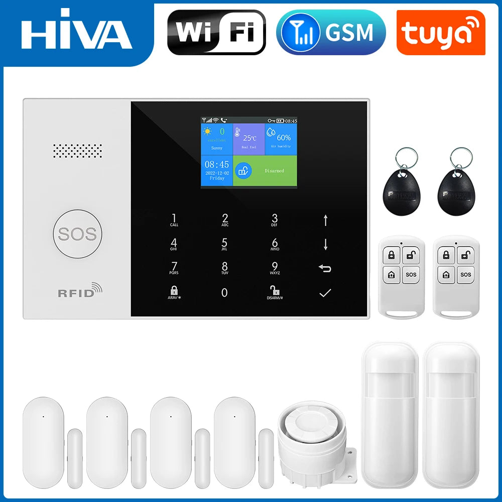 White wireless smart alarm system with touch screen, SOS button, RFID, remote fobs, door sensors, and motion detectors.