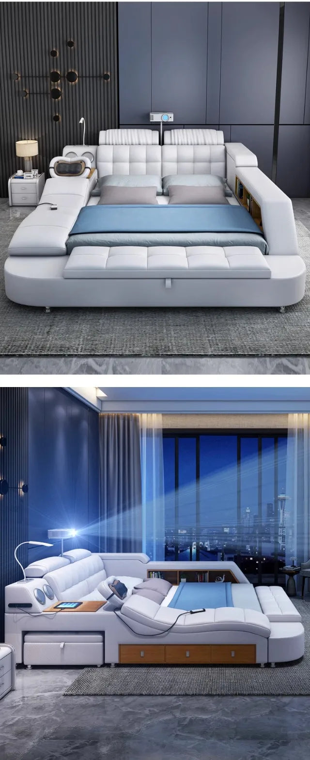 Modern white leather bed frame with built-in storage, side tables, integrated lamp and headboard shelving.