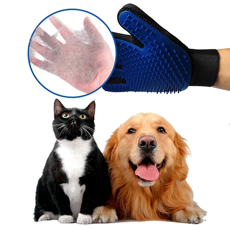 Blue and black pet grooming glove with rubber grooming bristles, shown collecting loose hair from a cat and dog.
