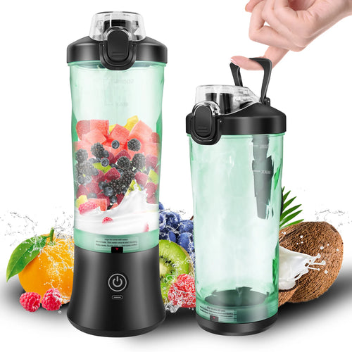 Two portable black and clear plastic smoothie blenders surrounded by fresh fruit, one filled with fruit and milk.