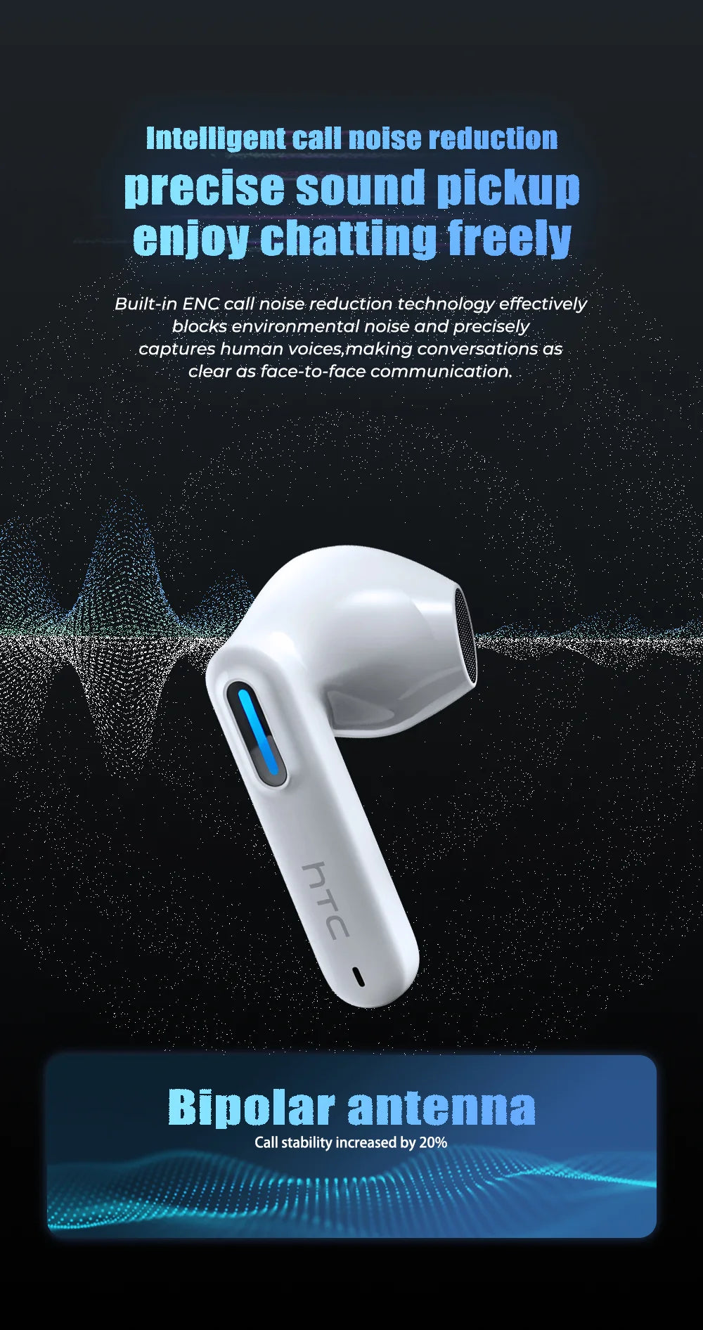 White wireless earbud with a sleek, ergonomic design and a glowing blue indicator light.