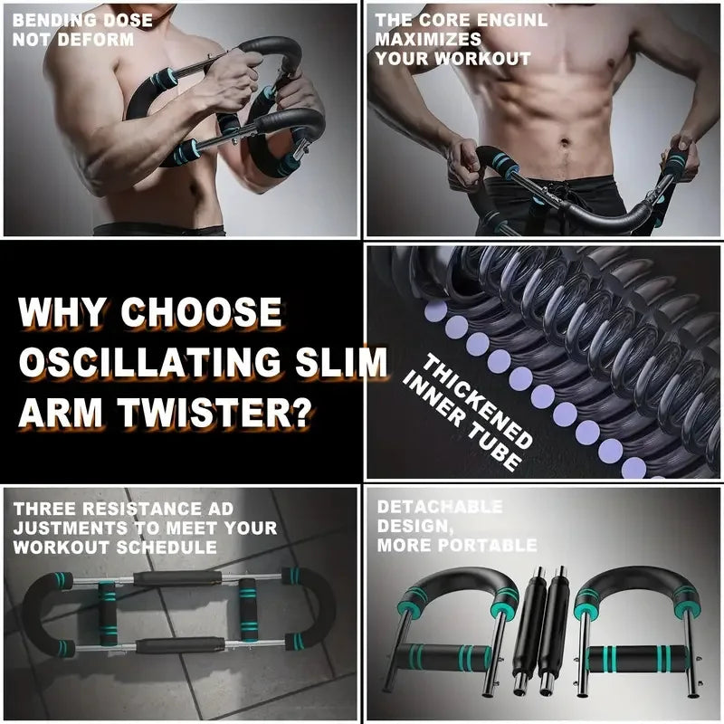 Black adjustable arm twister workout equipment with blue accents, foam grips, steel springs, and detachable parts.