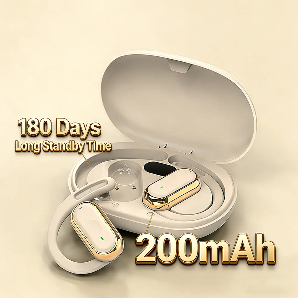 Beige wireless ear hooks with gold accents in an open oval charging case. Text highlights long battery life.