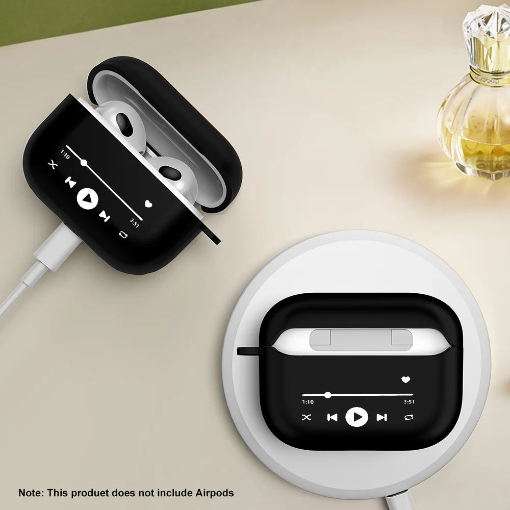 Black silicone AirPods 3 case featuring a white music player interface print, compatible with wireless charging.