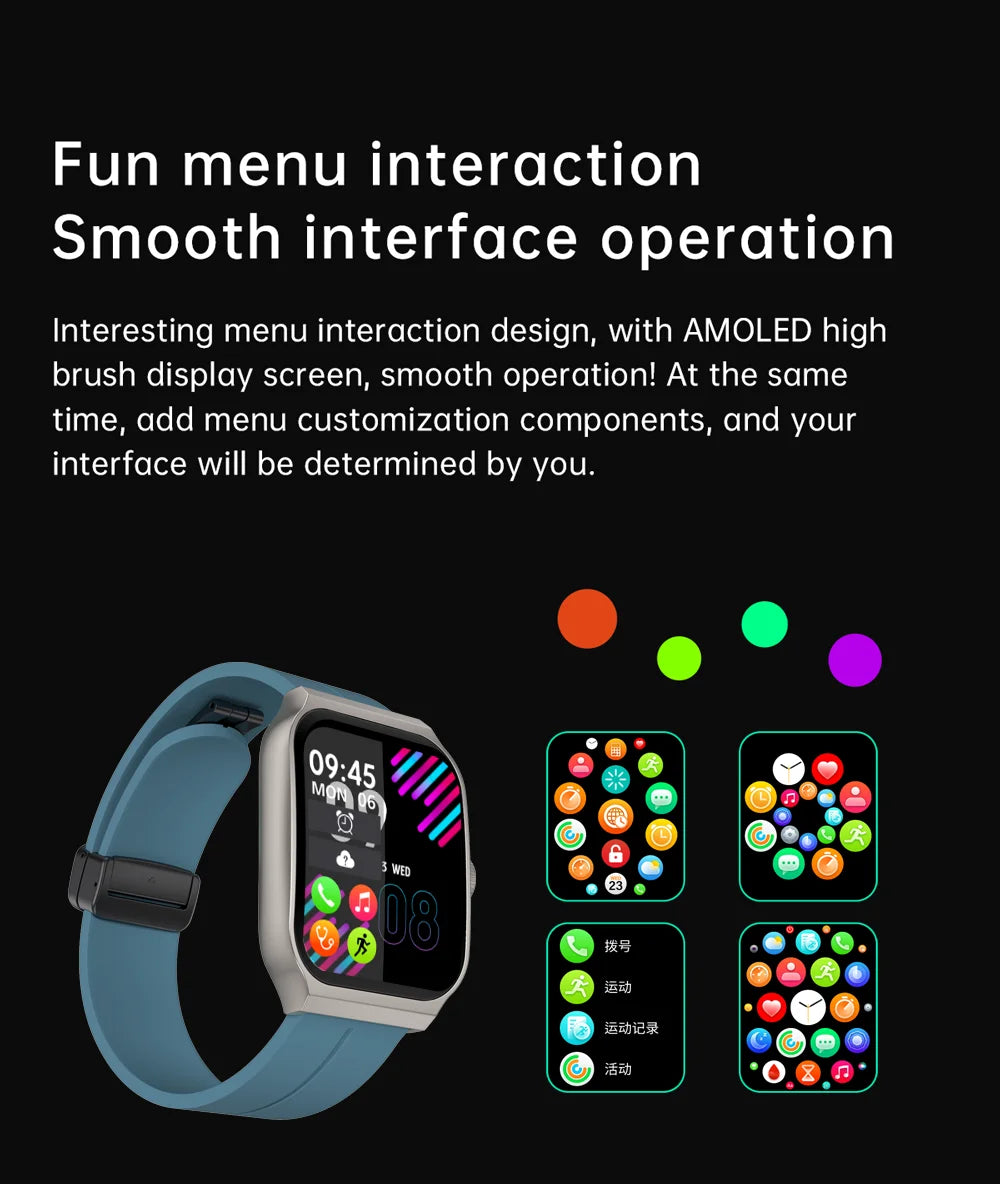 Smartwatch with a blue silicone strap, silver case, large curved screen, and customisable app menu display.