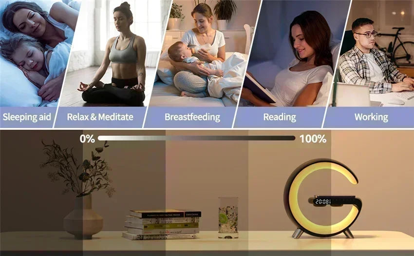 Black G-shaped wireless charging stand with LED alarm clock and speaker, featuring adjustable warm light brightness.