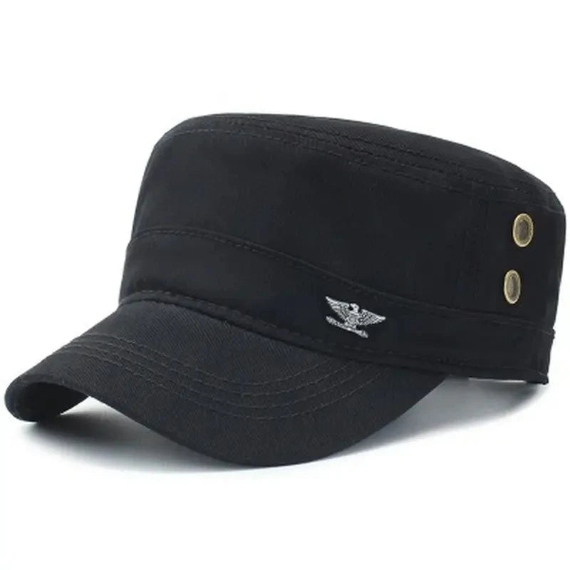 Black military-style cadet cap featuring a silver eagle emblem and decorative side buttons.