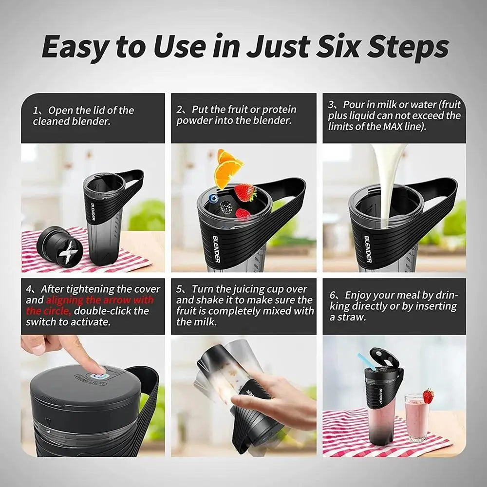 Infographic showing a six-step guide for a black portable electric blender cup used to make smoothies.
