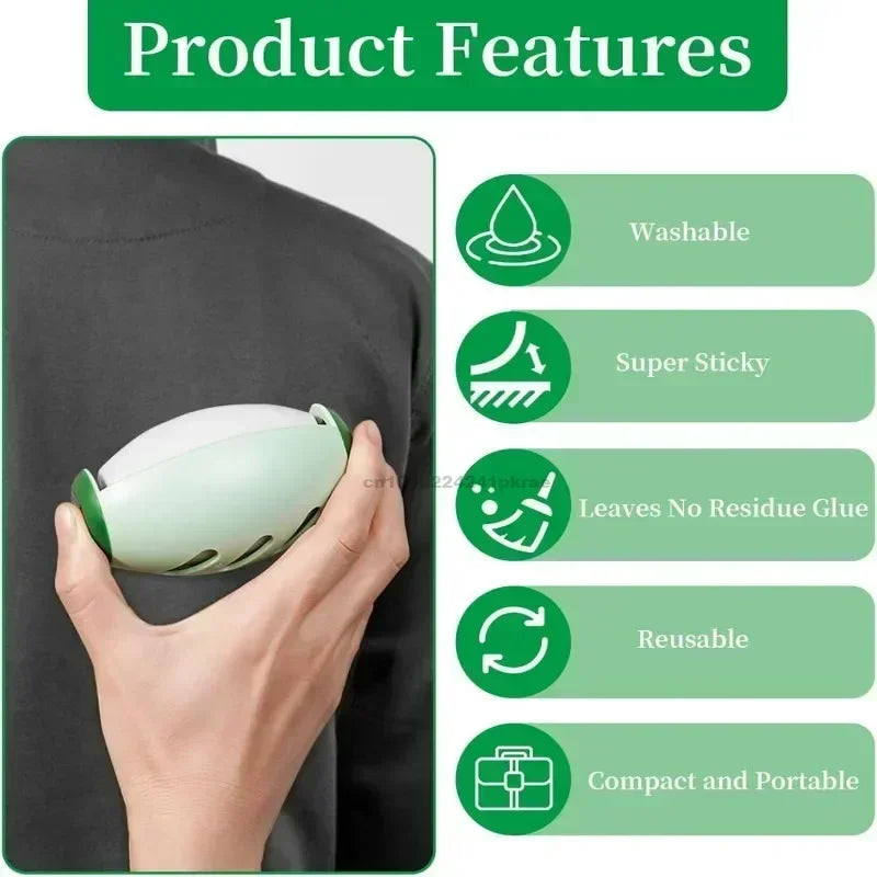 A hand holding a compact, sage green portable lint roller with a list of features like washable and reusable.