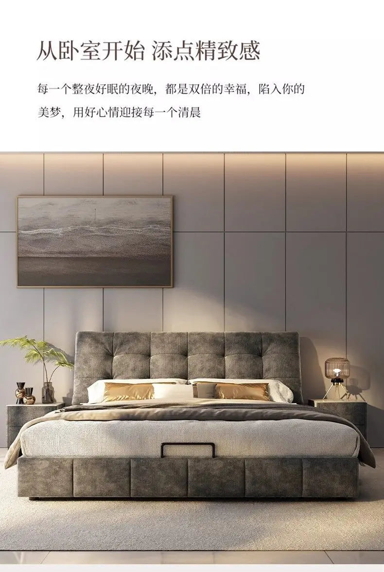 Modern minimalist dark grey upholstered bed frame with a tufted headboard and matching side tables.