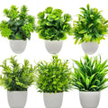 Six assorted artificial green plants in simple white pots, arranged in two rows against a white background.