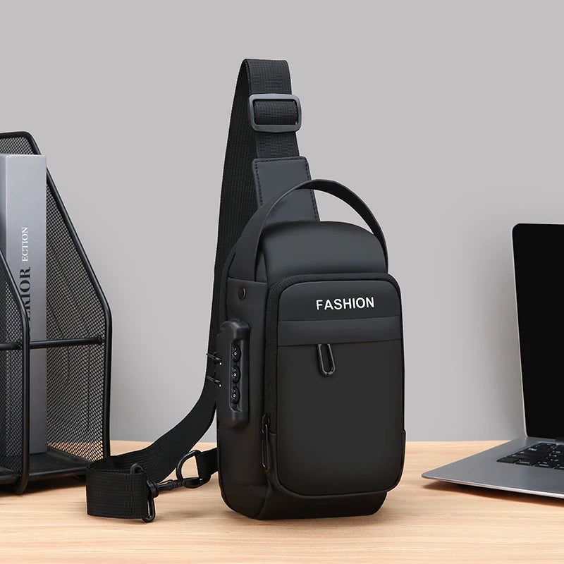 Black anti-theft crossbody chest bag featuring a built-in USB port, secure combination lock, and adjustable strap.