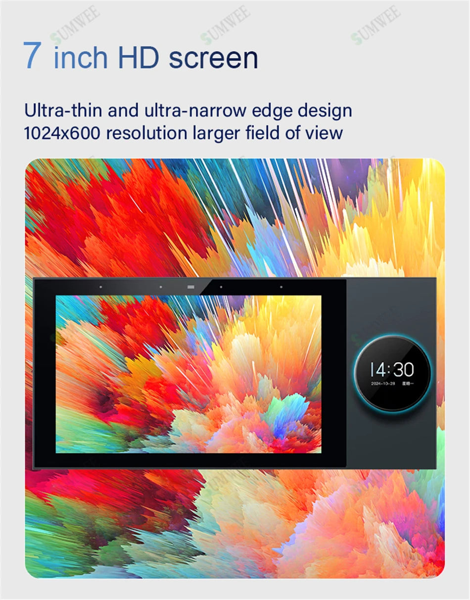 Black 7-inch wall-mounted smart touch display with a sleek, minimalist frame and vibrant abstract colour screen.