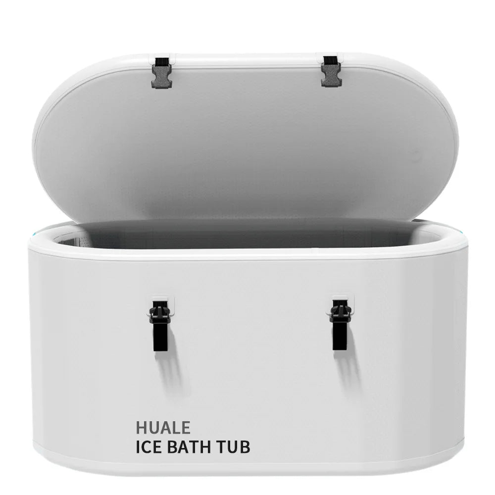 White Huale ice bath tub with lid propped open, featuring black latches and straps on a white background.