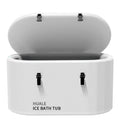 White Huale ice bath tub with lid propped open, featuring black latches and straps on a white background.