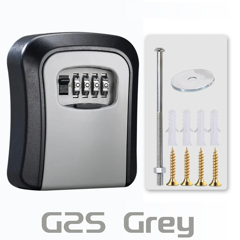 Grey and black metal wall-mount key lock box with 4-digit combination dial and included mounting hardware.