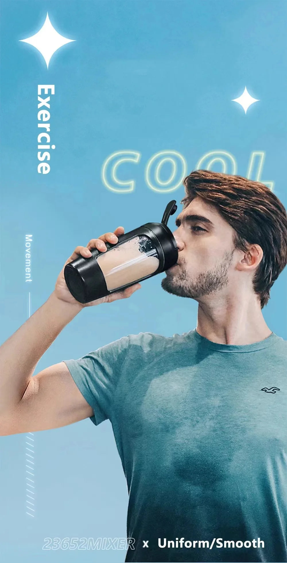 A man in a teal shirt drinking from a sleek, black, modern portable shaker bottle against a light blue background.
