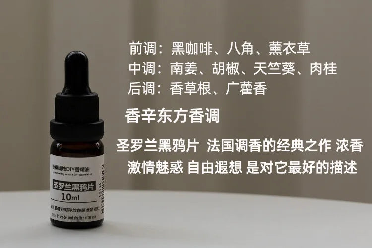 10ml amber glass essential oil bottle with a black dropper cap, featuring a white label with text.