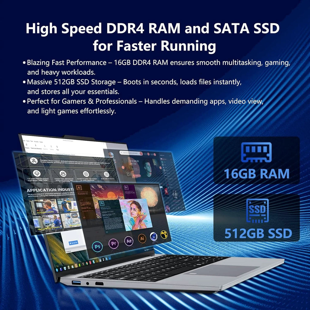 Sleek silver 15.6-inch laptop showing multiple app windows, 16GB RAM, and 512GB SSD performance highlights.