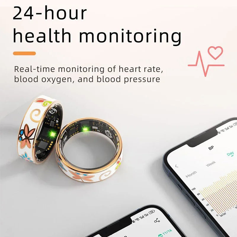 White smart fitness rings with floral patterns, gold edges, and internal health sensors, shown with a tracking app.