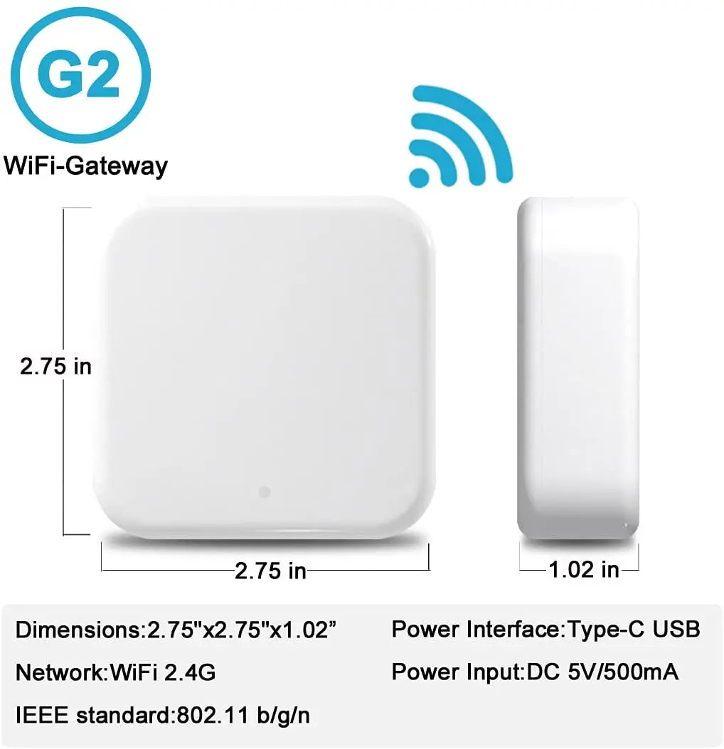 White plastic G2 WiFi gateway device, 2.75 x 2.75 x 1.02 inches, with USB-C port for 5V power and 2.4G WiFi support.