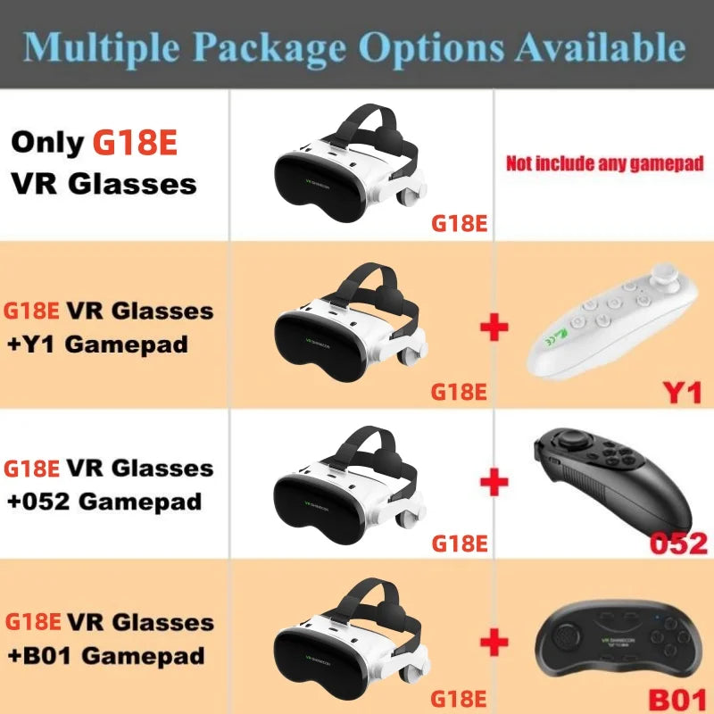 G18E white and black VR headset with adjustable head straps, shown with optional gamepads in package options.