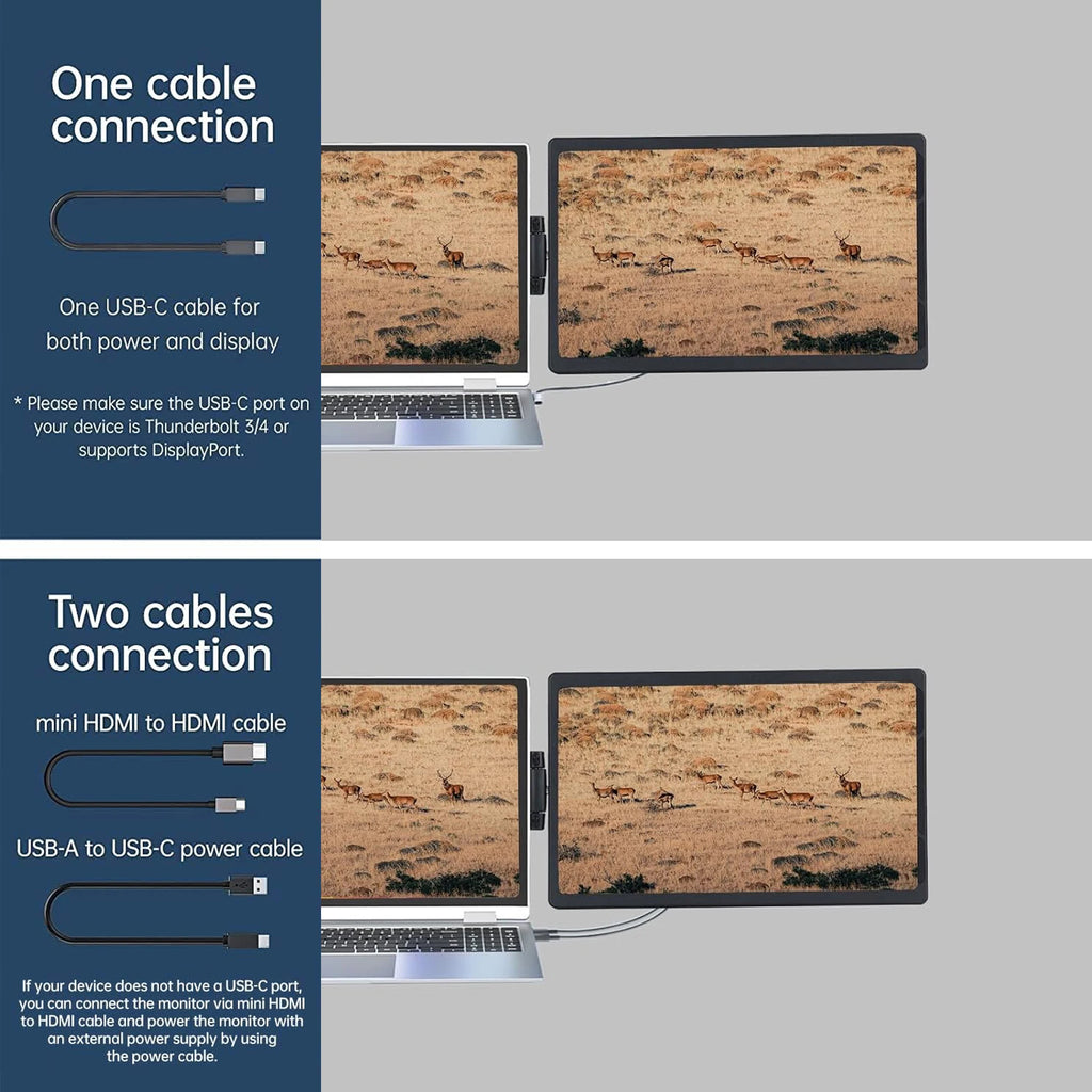 A black 13.3-inch portable laptop monitor shown with one-cable and two-cable connection diagrams.