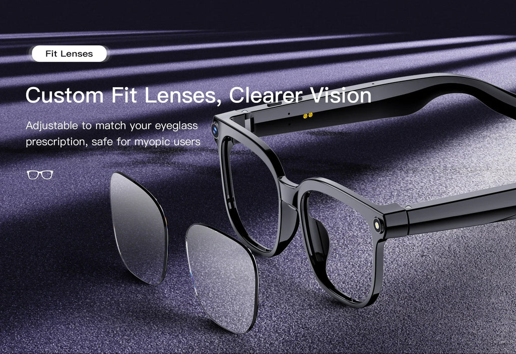 Stylish black smart glasses with a 4K camera and detachable lenses, designed for custom prescription fitting.