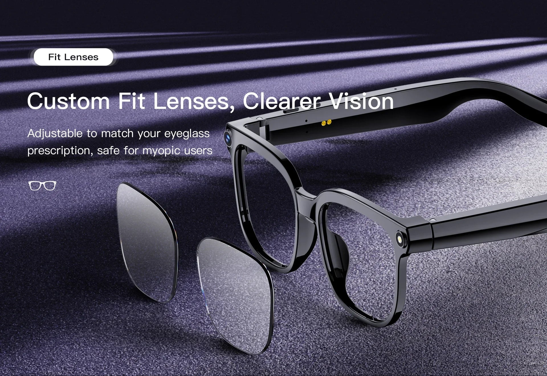 Stylish black smart glasses with a 4K camera and detachable lenses, designed for custom prescription fitting.