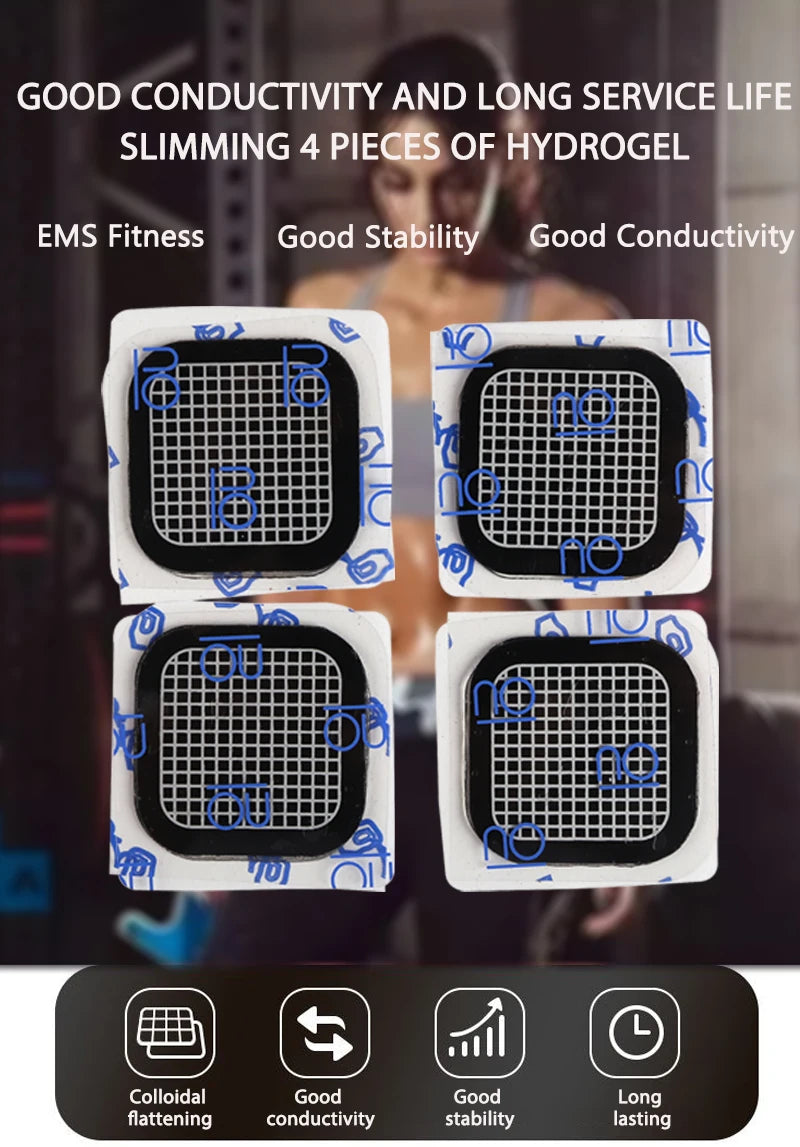 Four square, black and white grid-patterned hydrogel replacement pads for an EMS fitness belt.