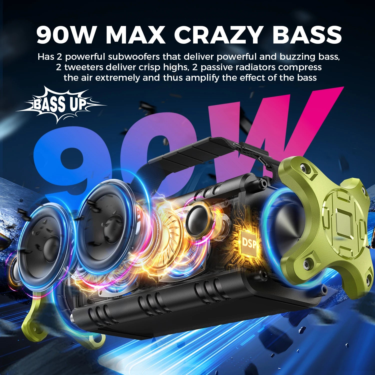 Black portable 90W Bluetooth speaker with lime green end caps, exposed internal drivers and vibrant blue light effects.