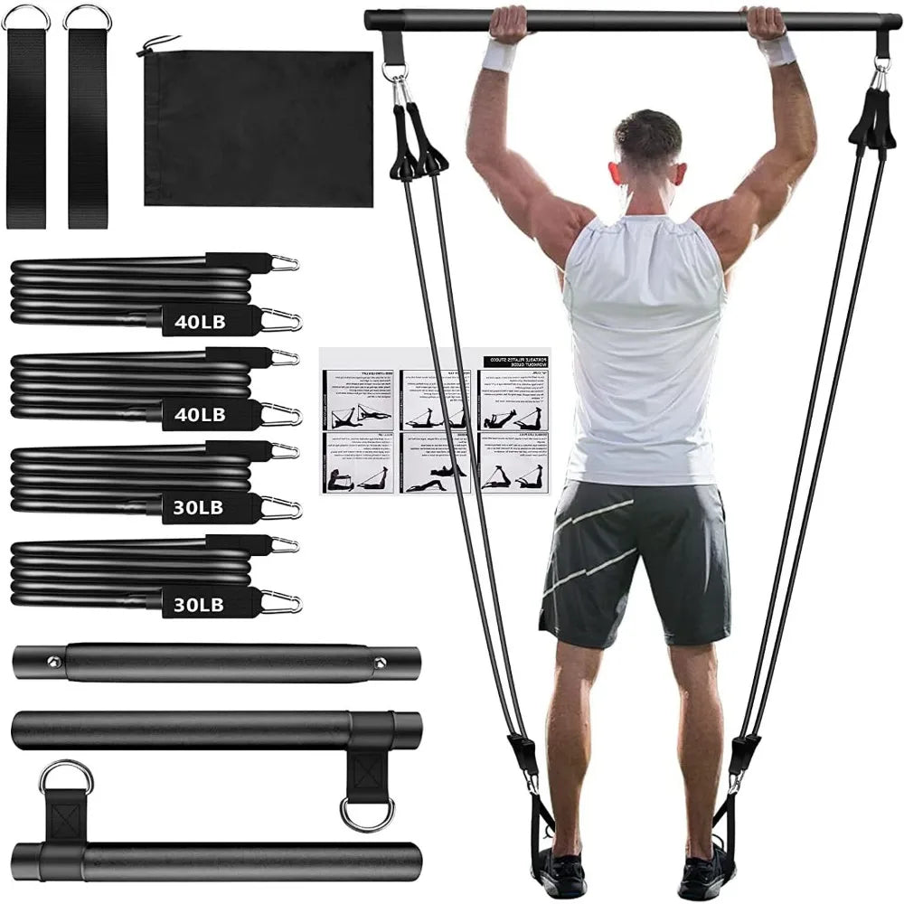 Black resistance band set with fitness bar, door anchor, straps, and workout guide, displayed with a man using it.