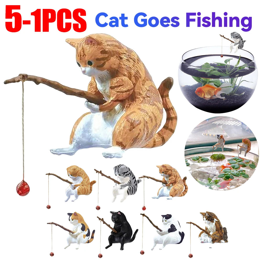 A set of miniature fishing cat ornaments in various colours and patterns, designed to sit on the edge of an aquarium.