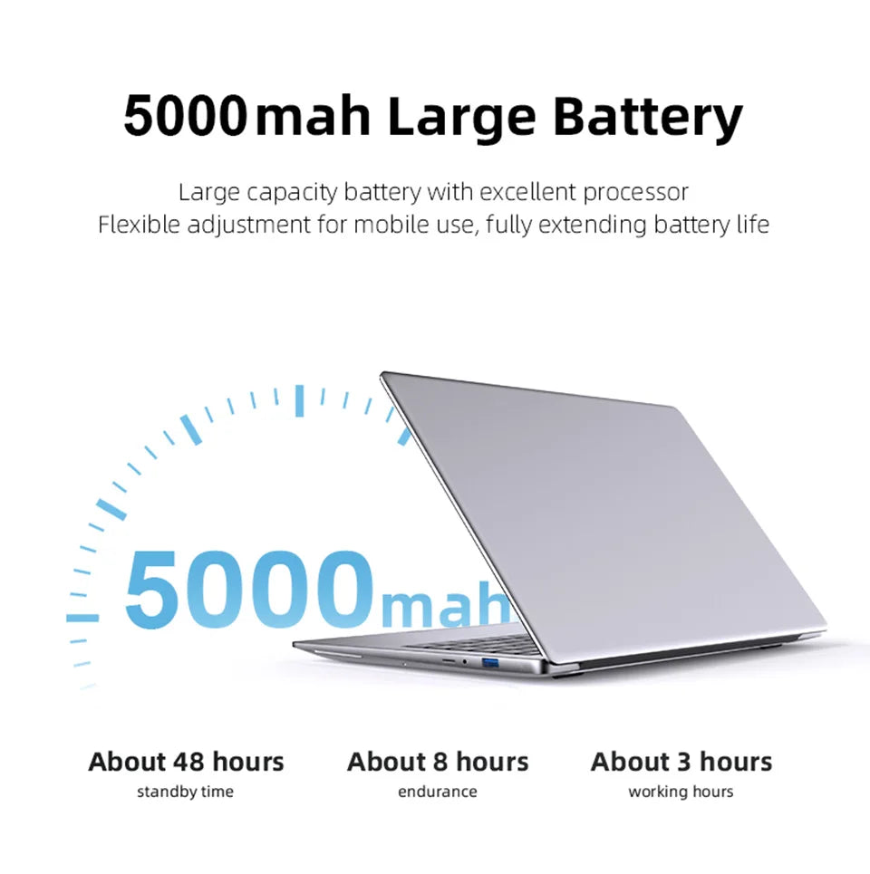 Sleek silver 14.1-inch laptop showing a 5000mAh battery gauge indicating standby, endurance, and working hours.