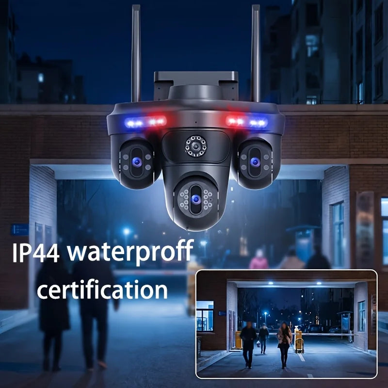 Black quad-lens outdoor security camera with antennas, red and blue warning lights, and IP44 waterproof rating.