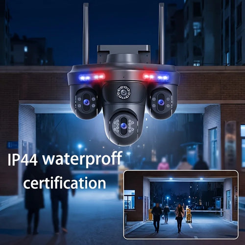 Black quad-lens outdoor security camera with antennas, red and blue warning lights, and IP44 waterproof rating.