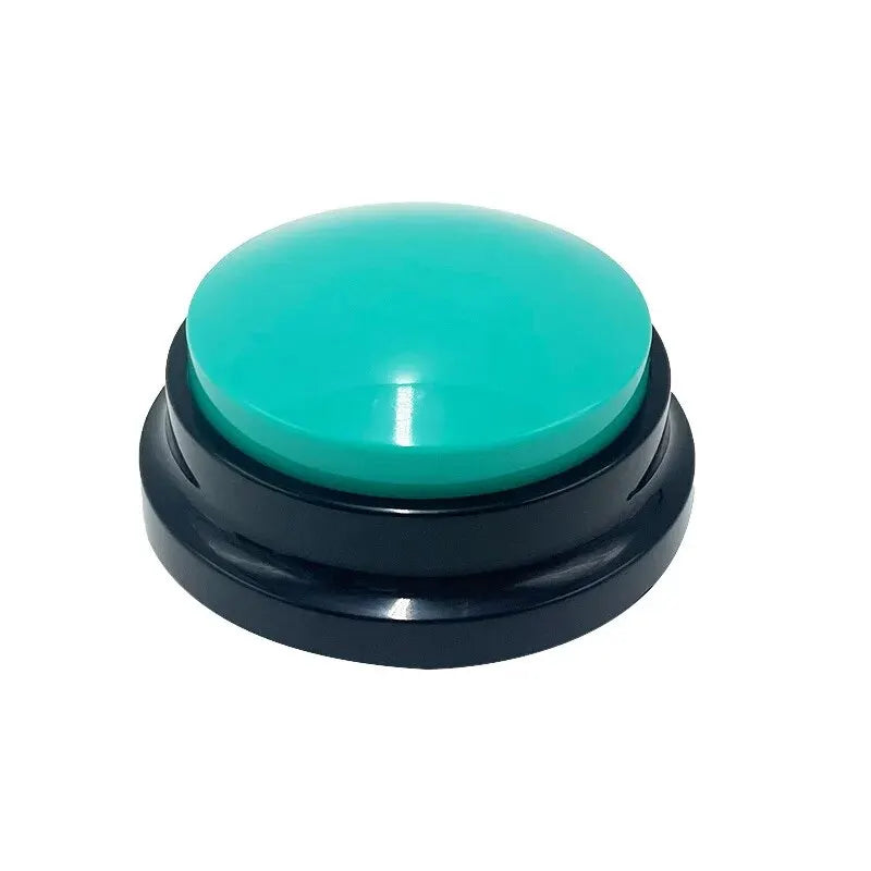 Round turquoise recordable dog training button with a black base.