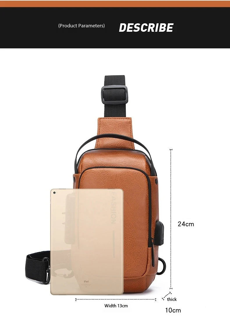 Tan faux leather crossbody sling bag with an adjustable strap, USB port, and top handle. Shows dimensions 24x13x10cm.