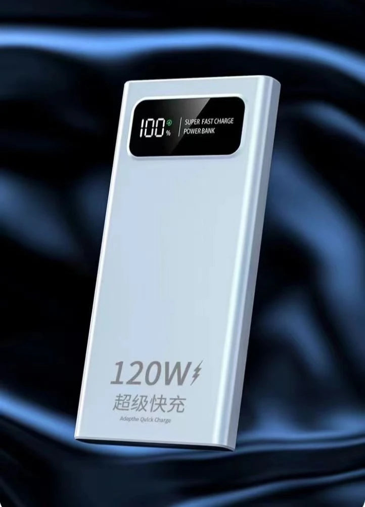 Sleek, light grey 20000mAh portable power bank with a digital LED percentage display and 120W fast charging capability.