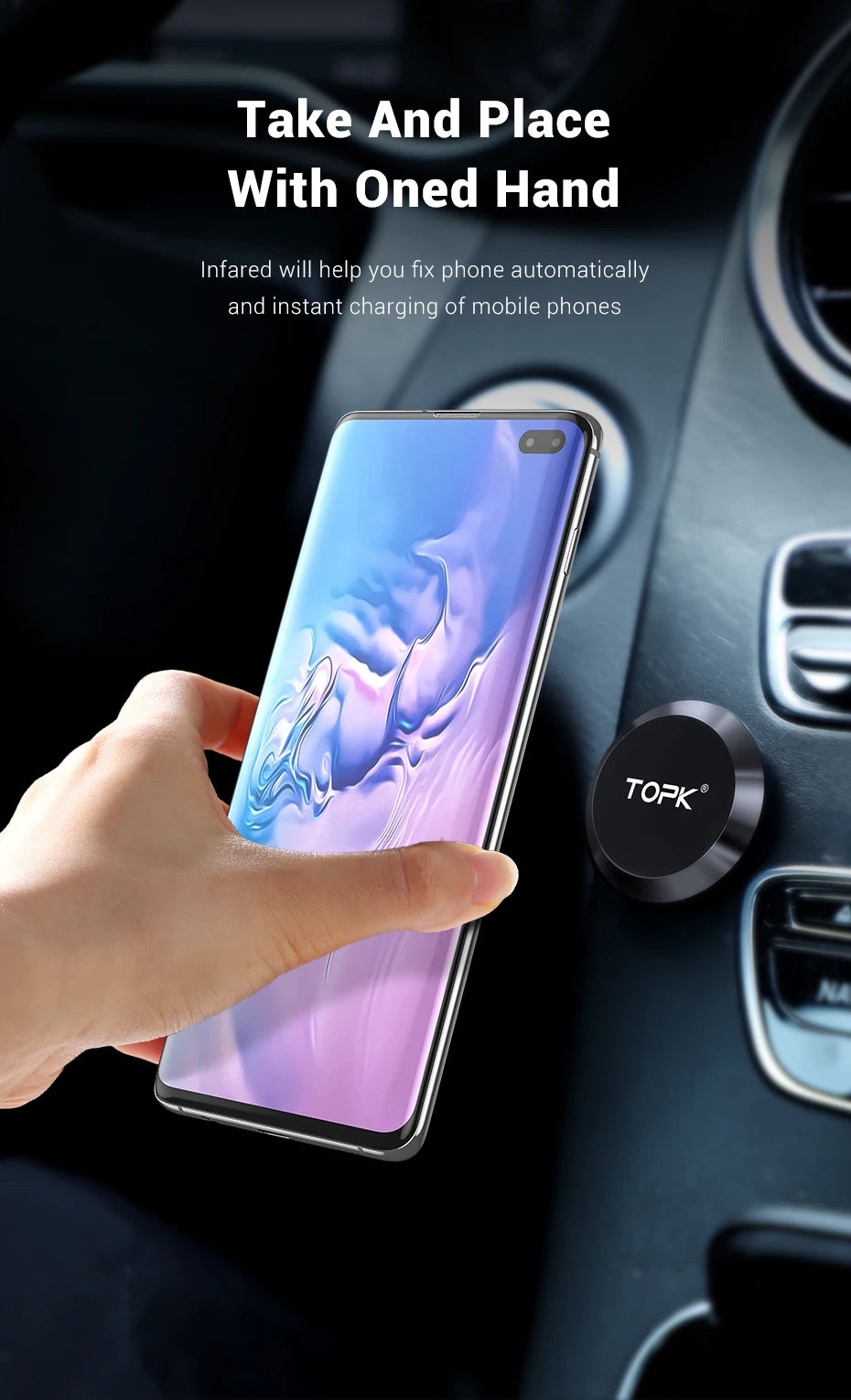 Black circular car phone mount attached to a dashboard, held by a hand with a smartphone. Sleek, minimalist design.