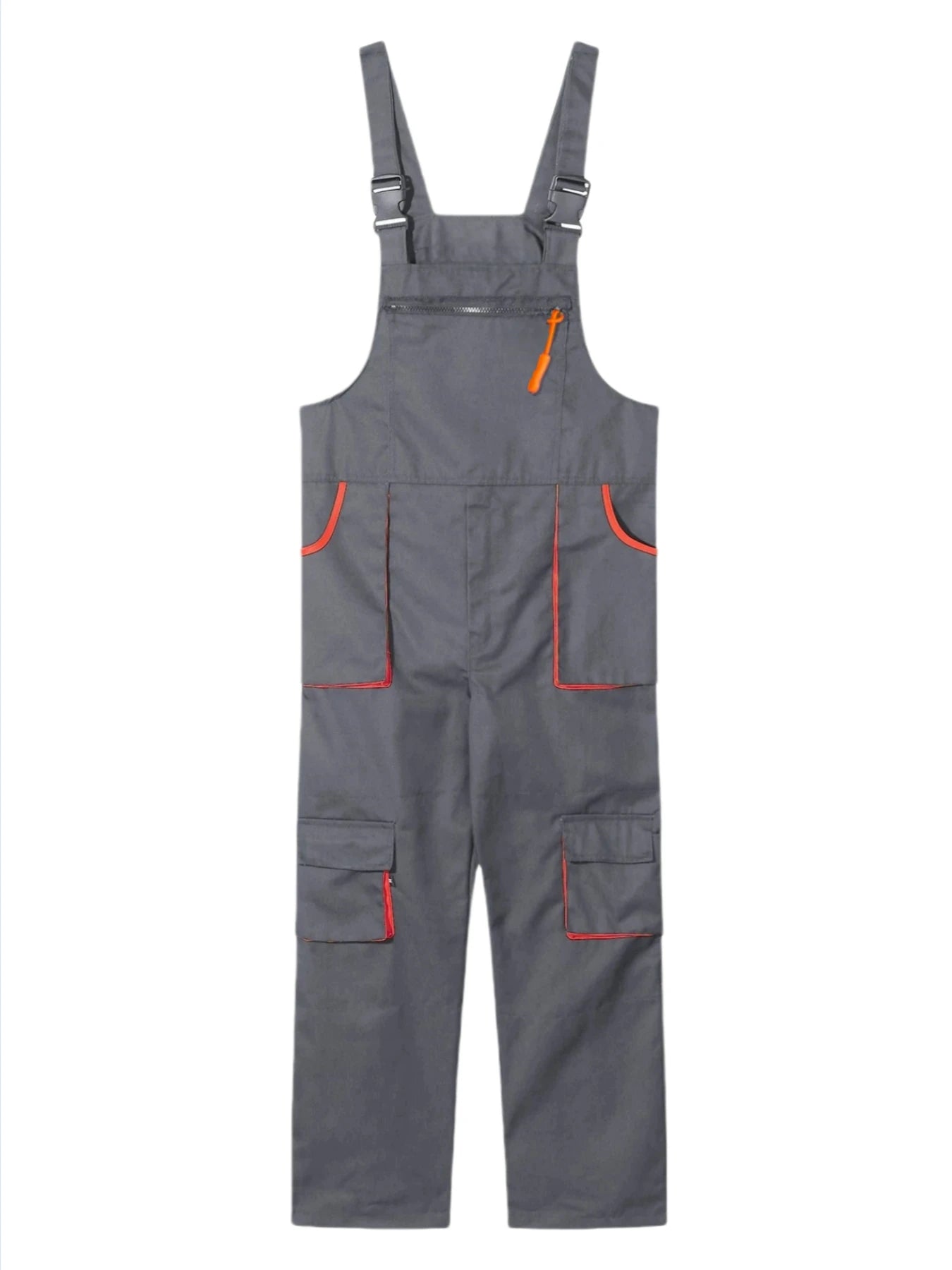 Grey heavy-duty mechanic’s dungarees with orange trim, featuring adjustable straps, a zip pocket and multiple pockets.