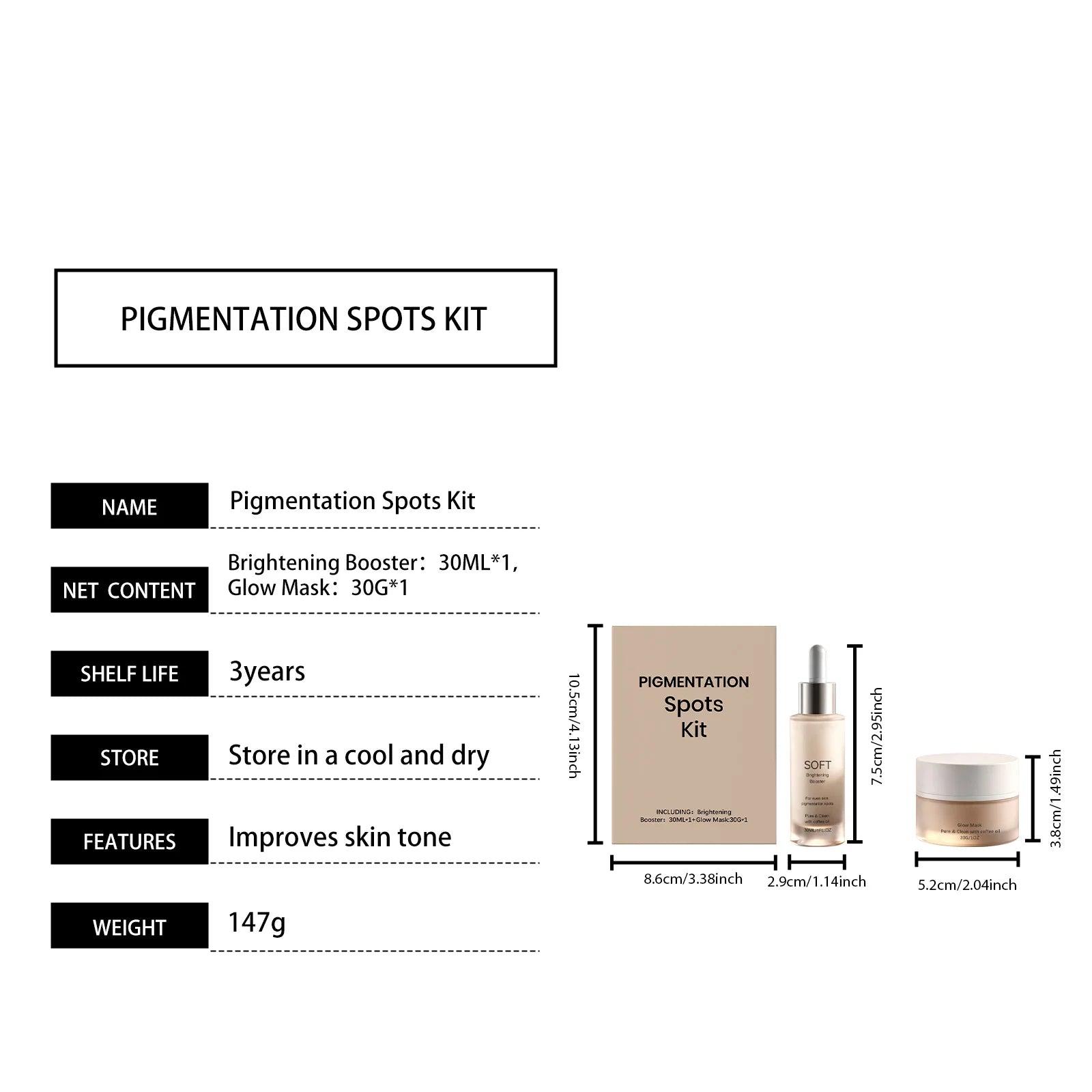 Pigmentation spots kit with a beige box, a 30ml brightening booster dropper bottle, and a 30g glow mask jar.