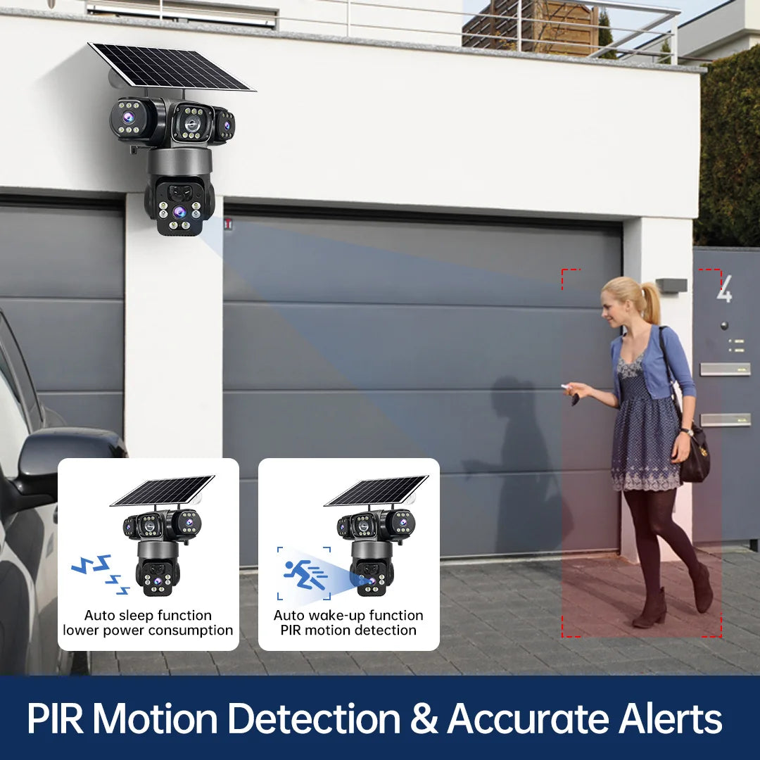 Solar security camera with motion detection mounted above a garage door, tracking a walking woman.