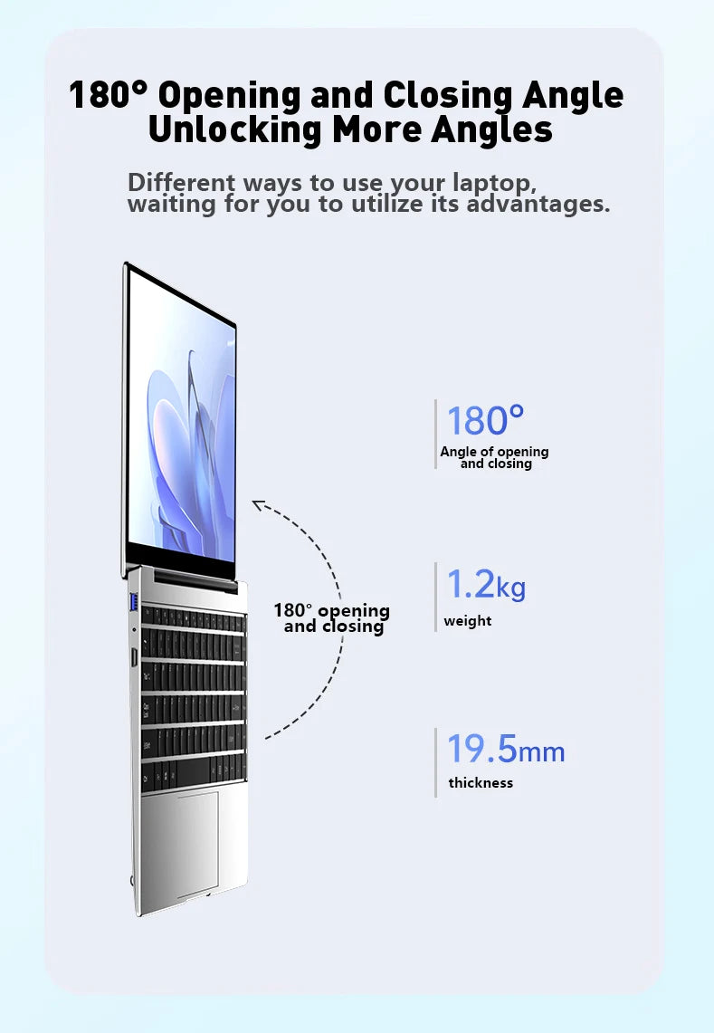 Silver 14.1-inch ultra-slim laptop showing a 180-degree hinge, 1.2kg weight, and 19.5mm thickness.